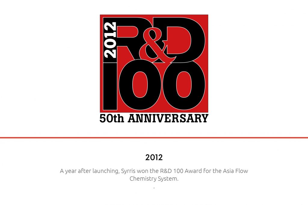 Syrris 2012, a year after launching Syrris wins the R&D 100 Award for the Asia Flow Chemistry System